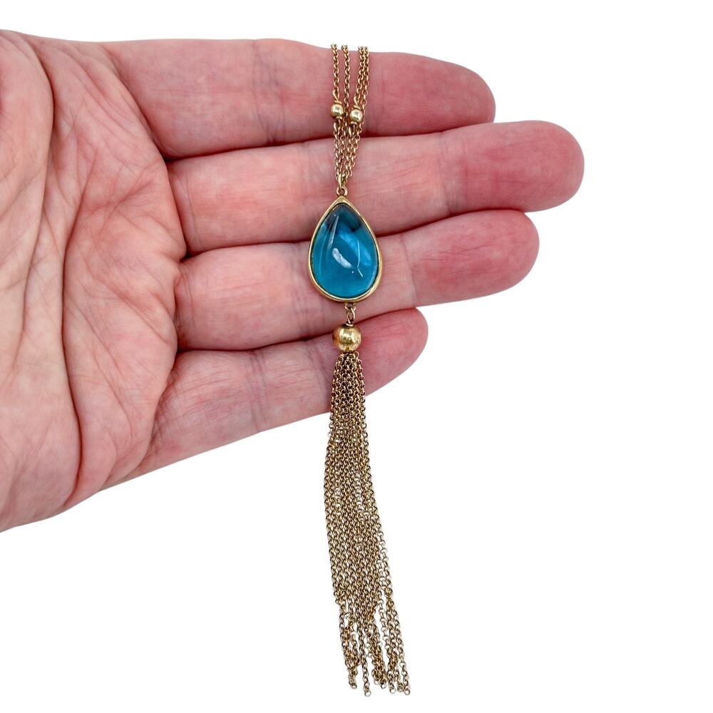 Vintage Gregio Gold-Tone Sterling Silver 925 Blue Glass Tassel Necklace 24"